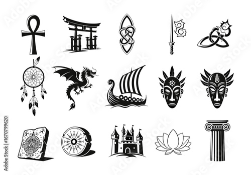 Assorted cultural icons and symbols depicting mythology and historical artifacts in monochrome artwork