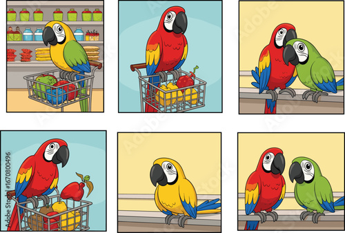 Comic illustration of colorful parrots shopping in grocery store, humorous animal characters with fruits vegetables, anthropomorphic birds, companionship, daily life scene, vibrant artwork