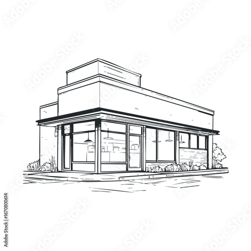 Modern cafe building with large windows and outdoor seating area. Vector illustration