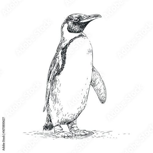 Sketch of a standing penguin in a natural habitat setting. Vector illustration