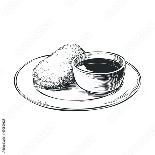 Delicious snack with dipping sauce on a plate for culinary delights. Vector illustration
