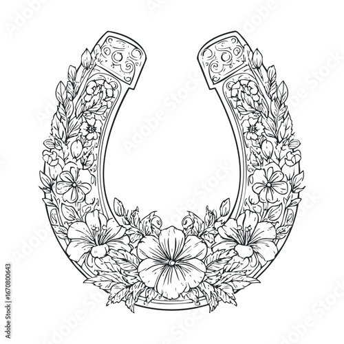 Floral horseshoe design for good luck and prosperity. Vector illustration
