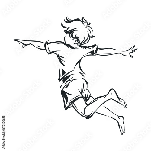 Child enjoying freedom by jumping and spreading arms in playful motion. Vector illustration