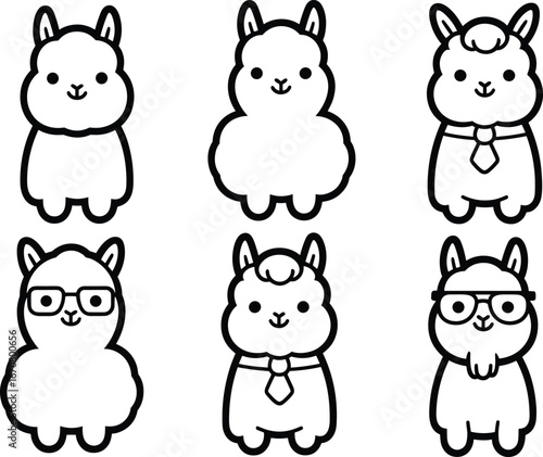 Cartoon llamas illustration, cute alpaca characters, various styles, fluffy animals, accessories, glasses, ties, vector art, adorable pet clipart, farm design