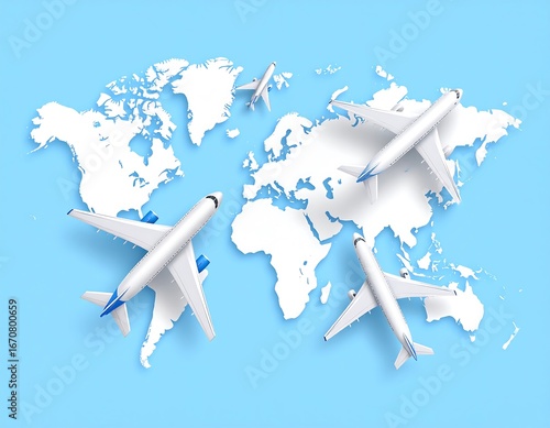 World map with multiple white airplanes