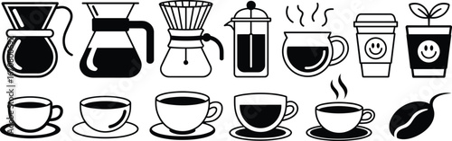 Coffee maker and cup icons, barista tools, espresso cups, latte art, cafe symbols, brewing equipment, black and white vector design