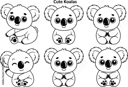 Cute koala cartoon illustrations, adorable wildlife animal art, Australian marsupial character set, kawaii style, vector drawing, playful animal poses, illustration