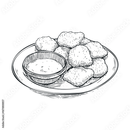 Delicious chicken nuggets served with dipping sauce for snack. Vector illustration