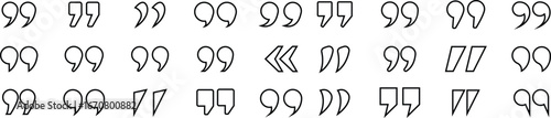 Quotation mark icon set, quote symbols collection in solid and outline style, typography punctuation vector for design, publishing, books, blogs, posters, social media, and branding