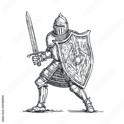 Medieval knight with sword and shield ready for battle. Vector illustration