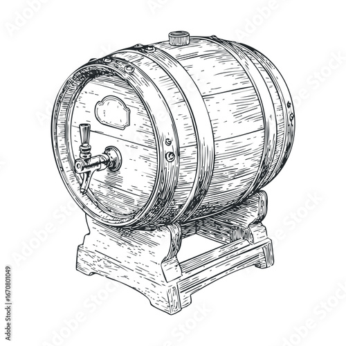 Wooden barrel for aging beverages in rustic brewery setup. Vector illustration