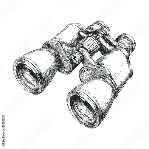 Exploring the world through vintage binoculars for outdoor adventures. Vector illustration