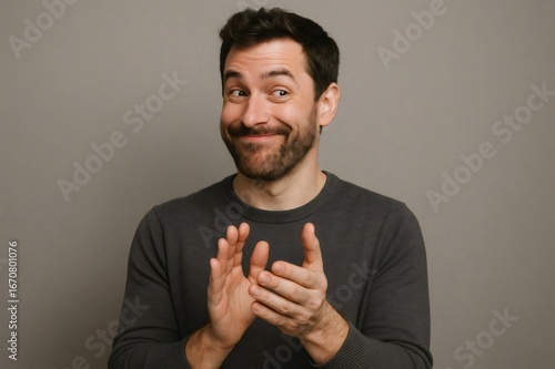 Portrait of a sarcastic businessman clapping hands with an amused expression, celebrating success with irony against a neutral background