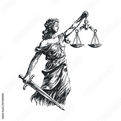Symbol of justice with scales and sword representing equality and law. Vector illustration