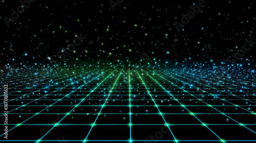 Futuristic neon grid landscape with glowing particles in a starry space