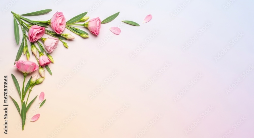 Fototapeta premium Delicate pink flowers and leaves artfully arranged in a corner design on a pastel background, creating a soft and romantic aesthetic.