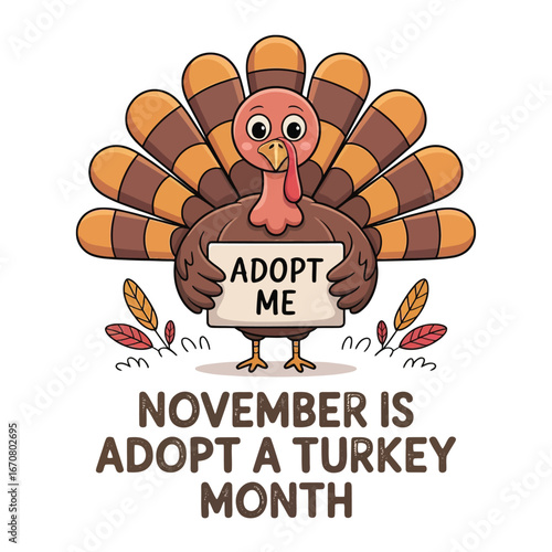 Cute cartoon turkey holding adopt me sign with November is Adopt a Turkey Month text illustration
