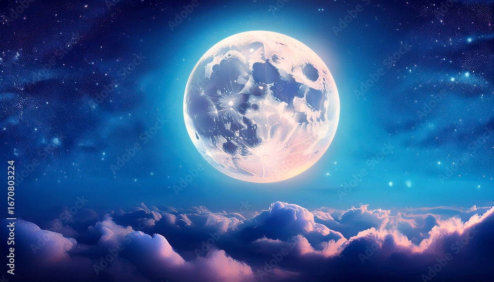 Obraz premium dreamlike abstract background showcasing a giant glowing moon partially obscured by ethereal clouds in a mystical night sky