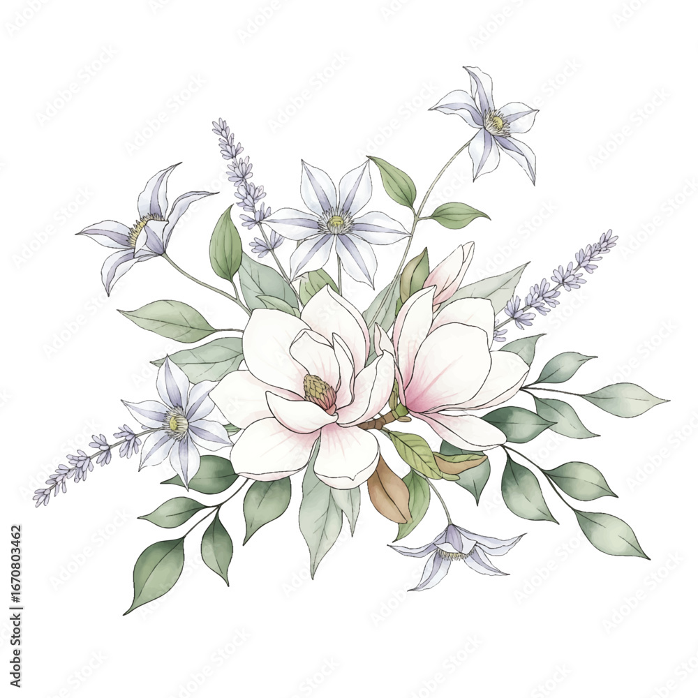 Obraz premium watercolor floral arrangement, elegant spring bouquet illustration, romantic magnolia and clematis blossoms