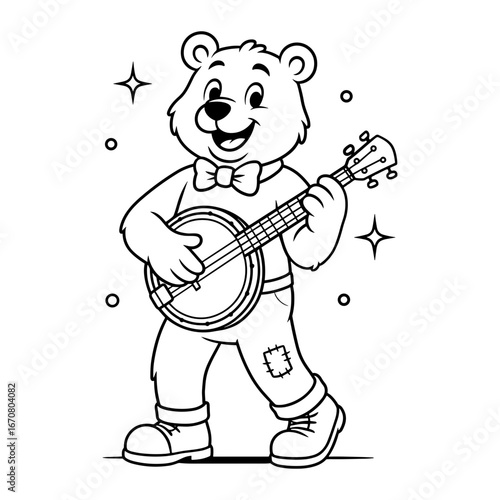 Friendly bear in a bowtie, strumming a banjo