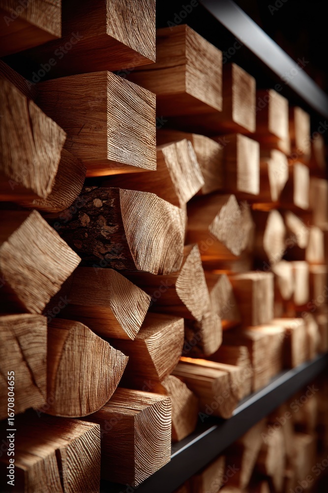 Fototapeta premium Meticulously stacked square wood logs showcasing natural wood grain and texture in warm lighting.