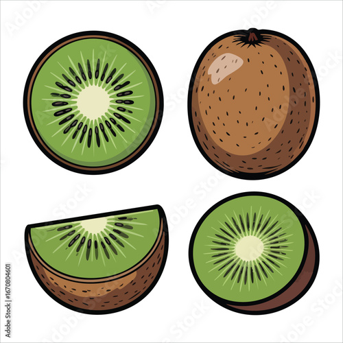 fresh ripe kiwi fruit whole and halved cross section vector art isolated on white background