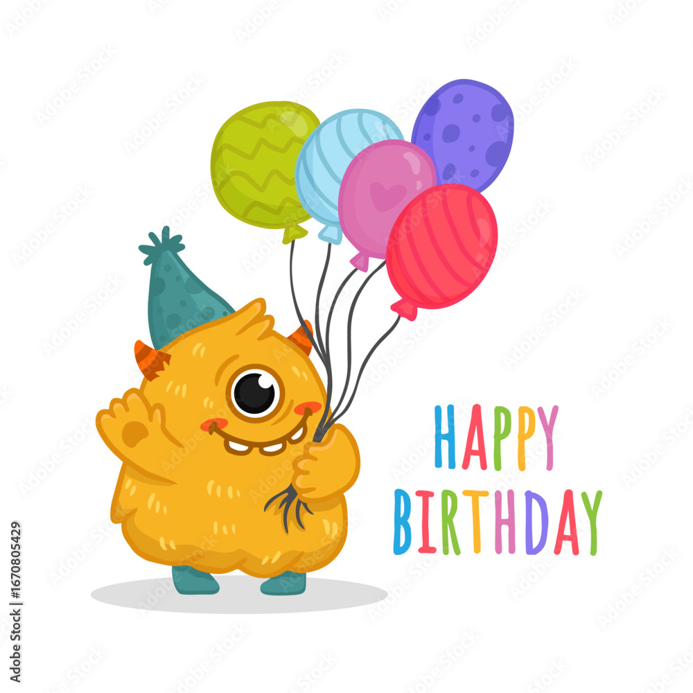 Naklejka premium Cute monster isolated on white background for magazines, birthday cards. Alien, cartoon character. Monster with balloons in flat style. Vector illustration