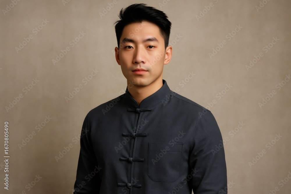 Obraz premium Studio portrait of a young, fashionable Chinese man wearing a traditional mandarin collar shirt, showcasing modern Chinese fashion