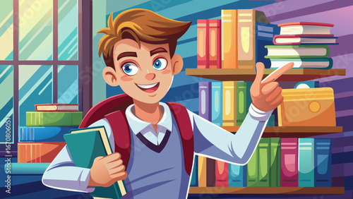 Teen student with books pointing on copy space
