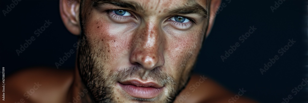 Fototapeta premium Extreme close-up of a man's intense gaze with dramatic detail and dark backdrop
