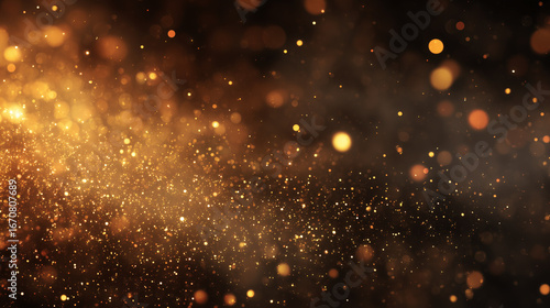 glowing golden dust particles floating in soft abstract background, bokeh light texture, cinematic shimmer effect, luxury golden atmosphere