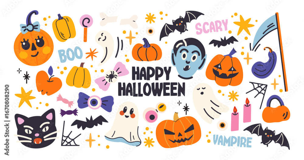 Obraz premium Halloween stickers in retro cartoon style. Scary magic holiday elements: pumpkins, ghosts, witch hats. Candles, cauldron, skulls, spooky decor. Illustration in retro cartoon style, trendy shapes