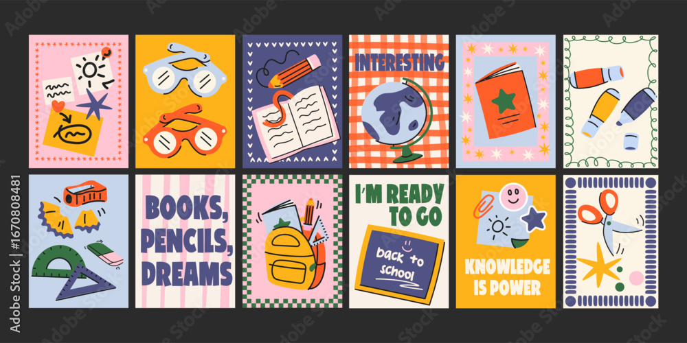 Fototapeta premium Back to school posters. Backpacks, school items, stationery, notebooks in retro groovy cartoon style.Retro vector elements for study, school, university. Decor of wallpaper, walls, print and postcard
