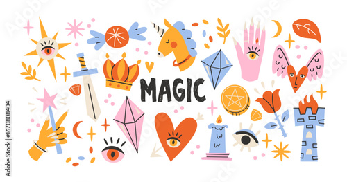 Set of magic and mystical stickers in retro style. Crystals, sword, crown, unicorn, candle, eye, pentagram, heart, moon and castle. Esoteric symbols for fantasy, occult design, tarot and witchcraft