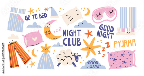Bedtime and sleep stickers in retro style. Pajamas, pillows, nightcap, mask, sheep, moon, stars and clouds. Cozy collection of night routine, good dreams and relaxation for bedroom design