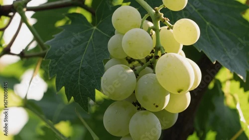 cluster of white grapes hanging from vine
