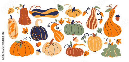 Pumpkins and gourds set in retro cartoon style.Autumn harvest vegetables with leaves and acorns, different squash varieties for fall farming, seasonal food illustration for Thanksgiving and cozy decor