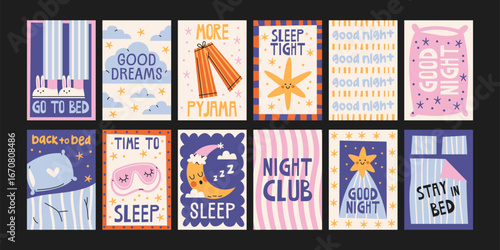 Cartoon good night posters. Cozy pajamas, bed, pillows, moon, bedtime. Trendy night illustrations in doodle retro style. Banners for wall and gift cards