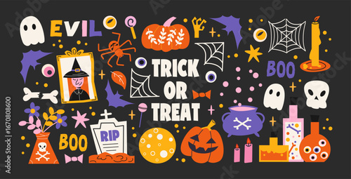 Halloween stickers in retro cartoon style. Scary magic holiday elements: pumpkins, ghosts, witch hats. Candles, cauldron, skulls, spooky decor. Illustration in retro cartoon style, trendy shapes