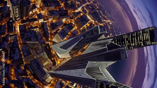 Leaping upwards towards the heavens, revolving viewpoint on the municipal landscape where two high structures are observed projecting into the sky and metropolitan thoroughfares radiate from the illu