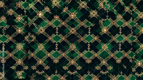 seamless repeating vivid geometric pattern in dark green with thin golden dotted lines, resembling Argyle design suitable for fabric, textile, men's clothing, wrapping paper, or Little Gentleman part