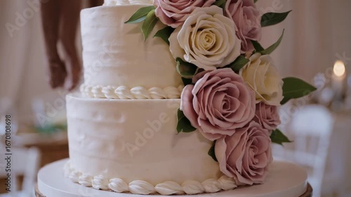 Nuptial confectionery adorned with floral decorations for matrimonial feast, tasty refreshments, area for text, festivity gathering notion, fashionable baked good, surface supporting marriage cake