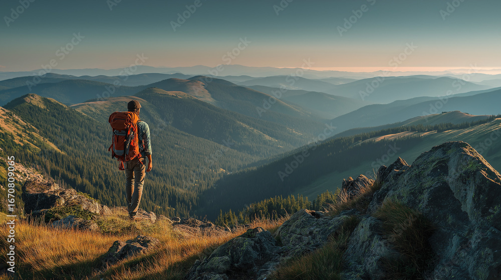 Obraz premium man hiking in mountains with backpack, panoramic summer view