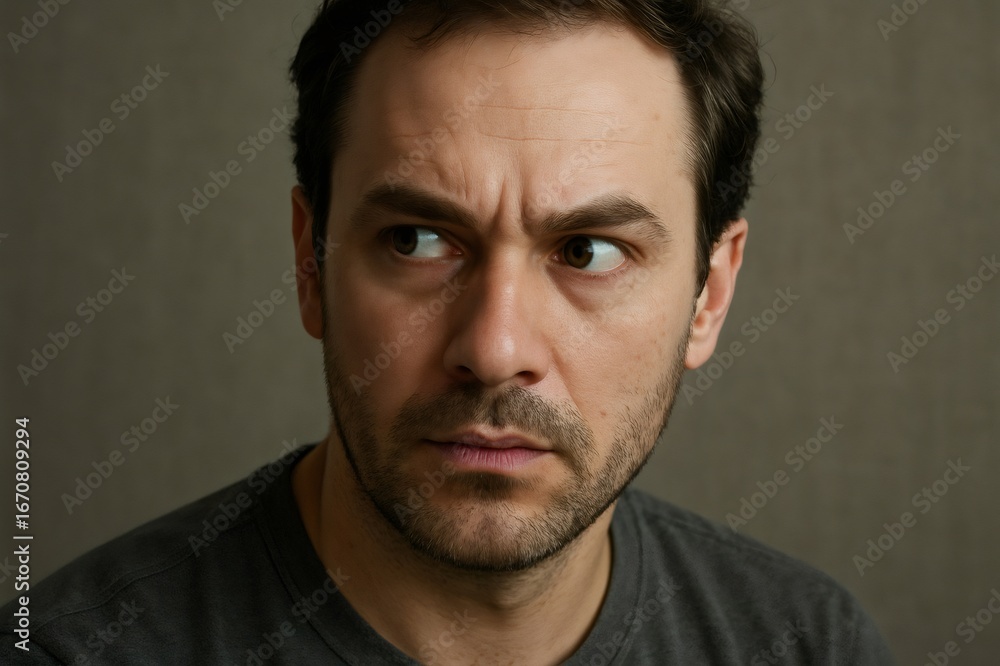Fototapeta premium Portrait of a man with a suspicious expression glancing sideways with distrust and concern, expressing anxiety and worry