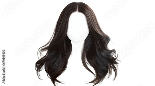 Dark brown wavy wig on mannequin isolated on a transparent background