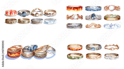 Fantasy jewelry illustration of gemstone rings with fire, water, and earth elements. Perfect for game design, wedding themes, and magical artwork concepts.
