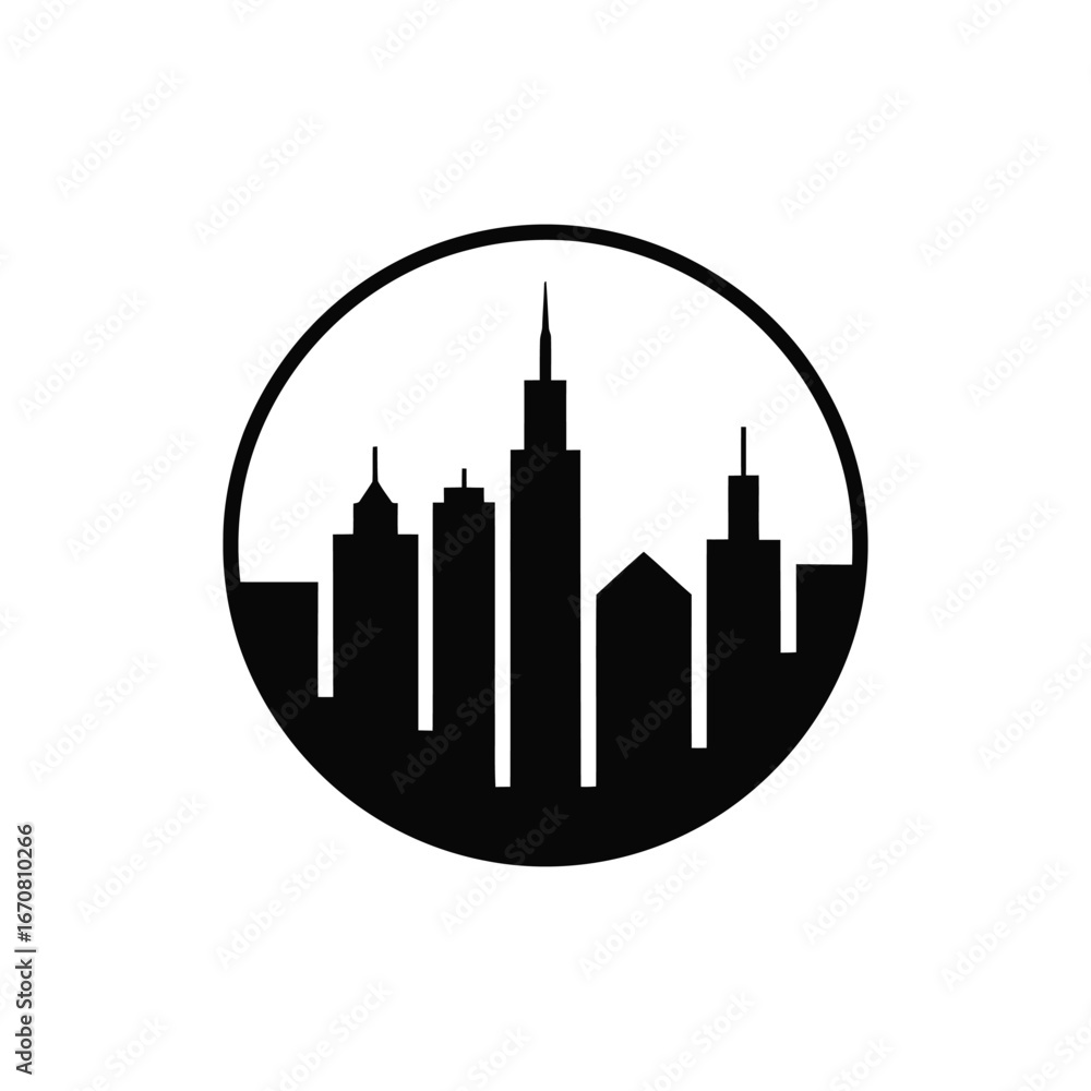 Obraz premium Vector art of silhouette of a city skyline within a circle
