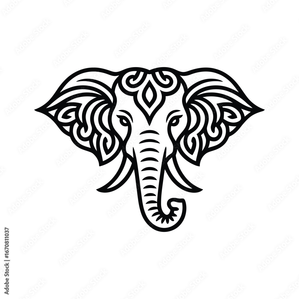 Obraz premium Vector art of stylized black and white line art of an elephant head with intricate tribal patterns