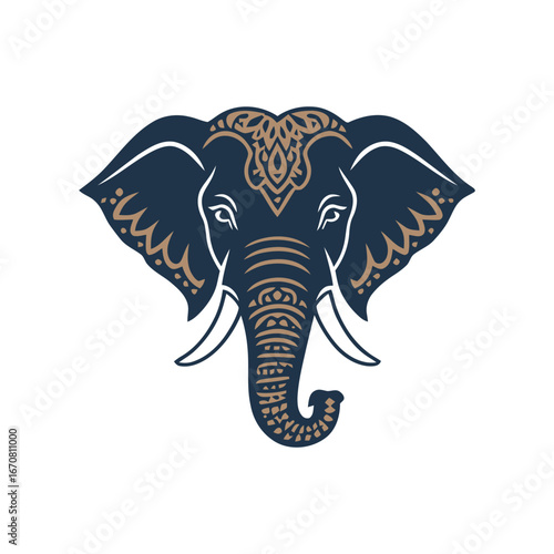 Vector art of stylized dark blue elephant head with intricate gold pattern