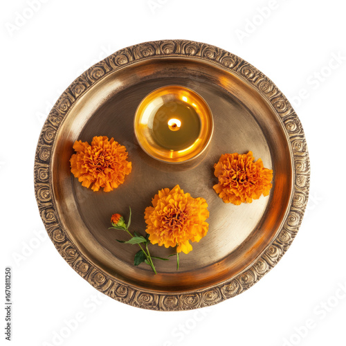 Puja thali with marigold flowers and diya on transparent background
